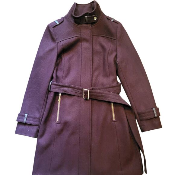 Cole Haan Signature Coat Women's 6 Bordeaux Wool Blend Belted Duffle Long - Picture 1 of 7